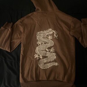 SHEIN Brown Hoodie with Cream Dragon Print